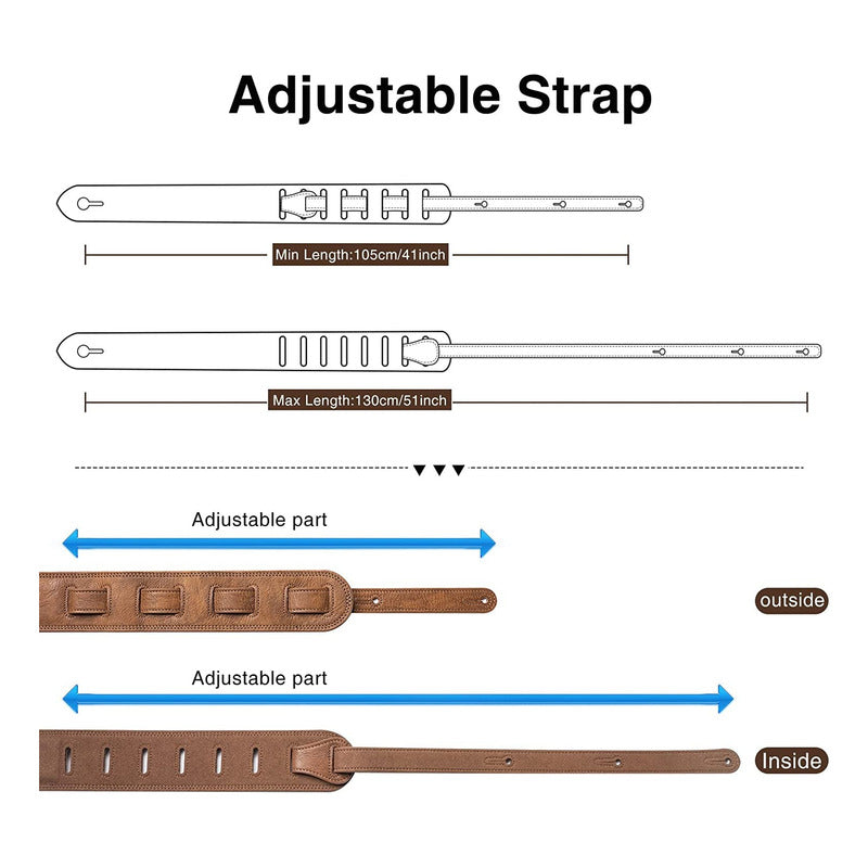 Strap Lekato Correa Ajustable Cuero Marron Guitarra O Bajo