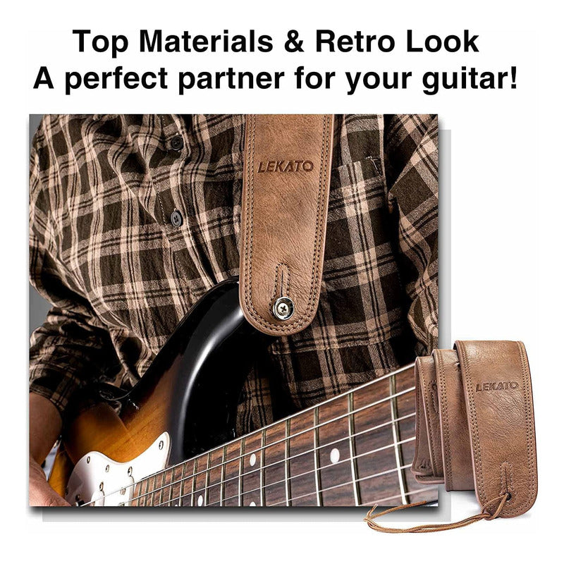 Strap Lekato Correa Ajustable Cuero Marron Guitarra O Bajo