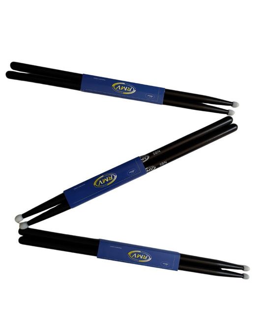 Baqueta para baterias 5BN Pack 3 Punta de Nylon, color negro Profesionales baqueta Equilibrada, comodas, acabado antiderrapante RMV