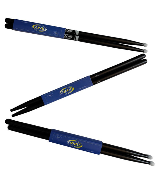 Baqueta para baterias 5AN Pack 3 Punta de Nylon, color negro, Profesionales baqueta Equilibrada, comodas, acabado antiderrapante RMV