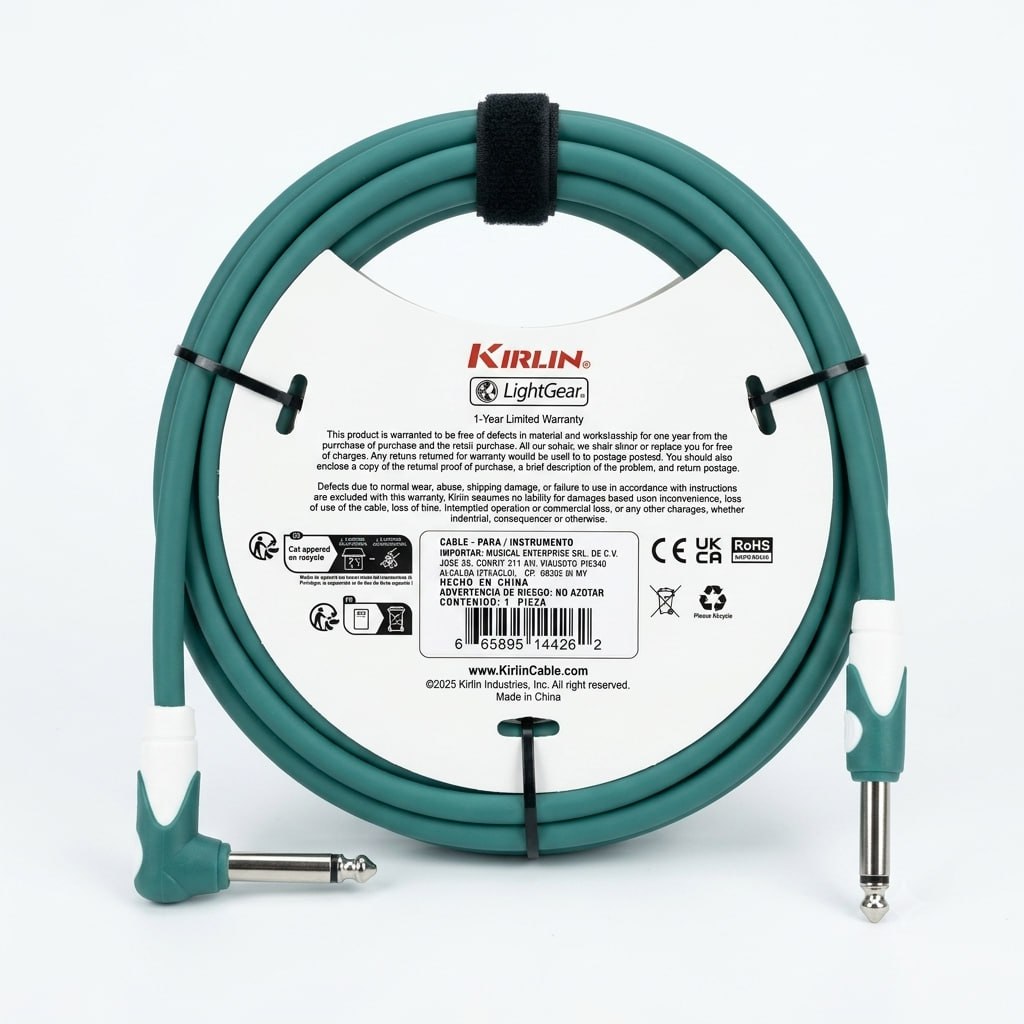 CABLE VERDE MARCA KIRLIN LISO FLEXIBLE DE 6 METROS PARA INSTRUMENTO, CONECTORES RECTO Y EN ANGULO DE 1/4 LIBRE DE OXIGENO