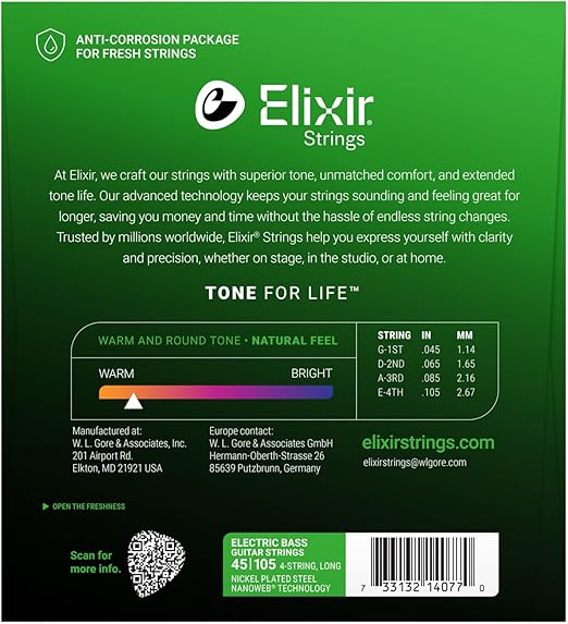 Cuerdas Elixir® Níquel 45-105 para Bajo Eléctrico – Sonido Equilibrado y Duradero