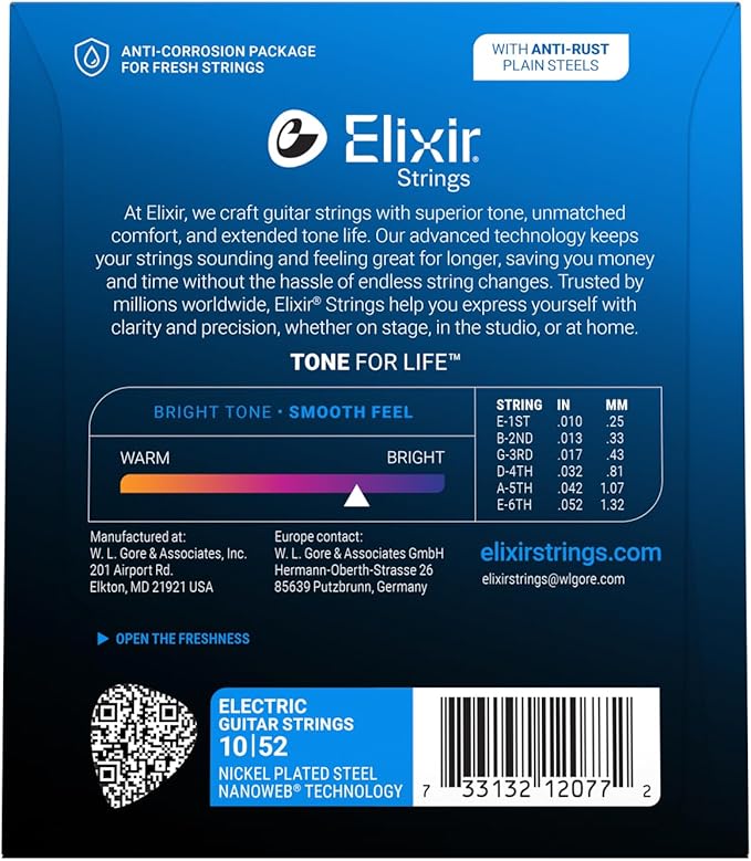 Cuerdas Elixir para Guitarra Eléctrica Calibre 10–52 – Juego de Cuerdas con Recubrimiento Anticorrosión – Sonido Brillante y Mayor Duración