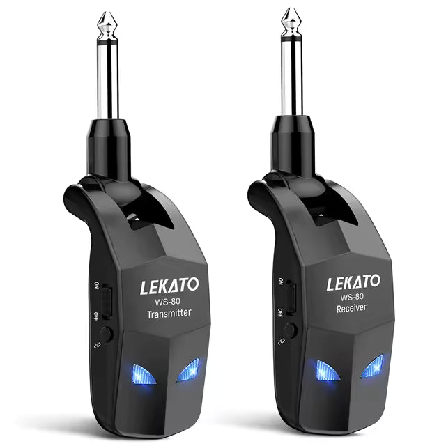 LEKATO - Sistema de guitarra inalámbrico de 2,4 GHz, receptor transmisor de guitarra con 4 canales, sistema inalámbrico de guitarra recargable para guitarra, bajo, instrumentos eléctricos, práctica
