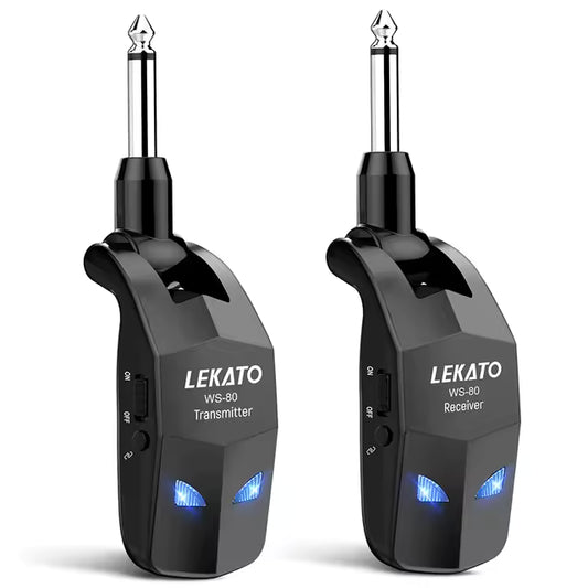 LEKATO - Sistema de guitarra inalámbrico de 2,4 GHz, receptor transmisor de guitarra con 4 canales, sistema inalámbrico de guitarra recargable para guitarra, bajo, instrumentos eléctricos