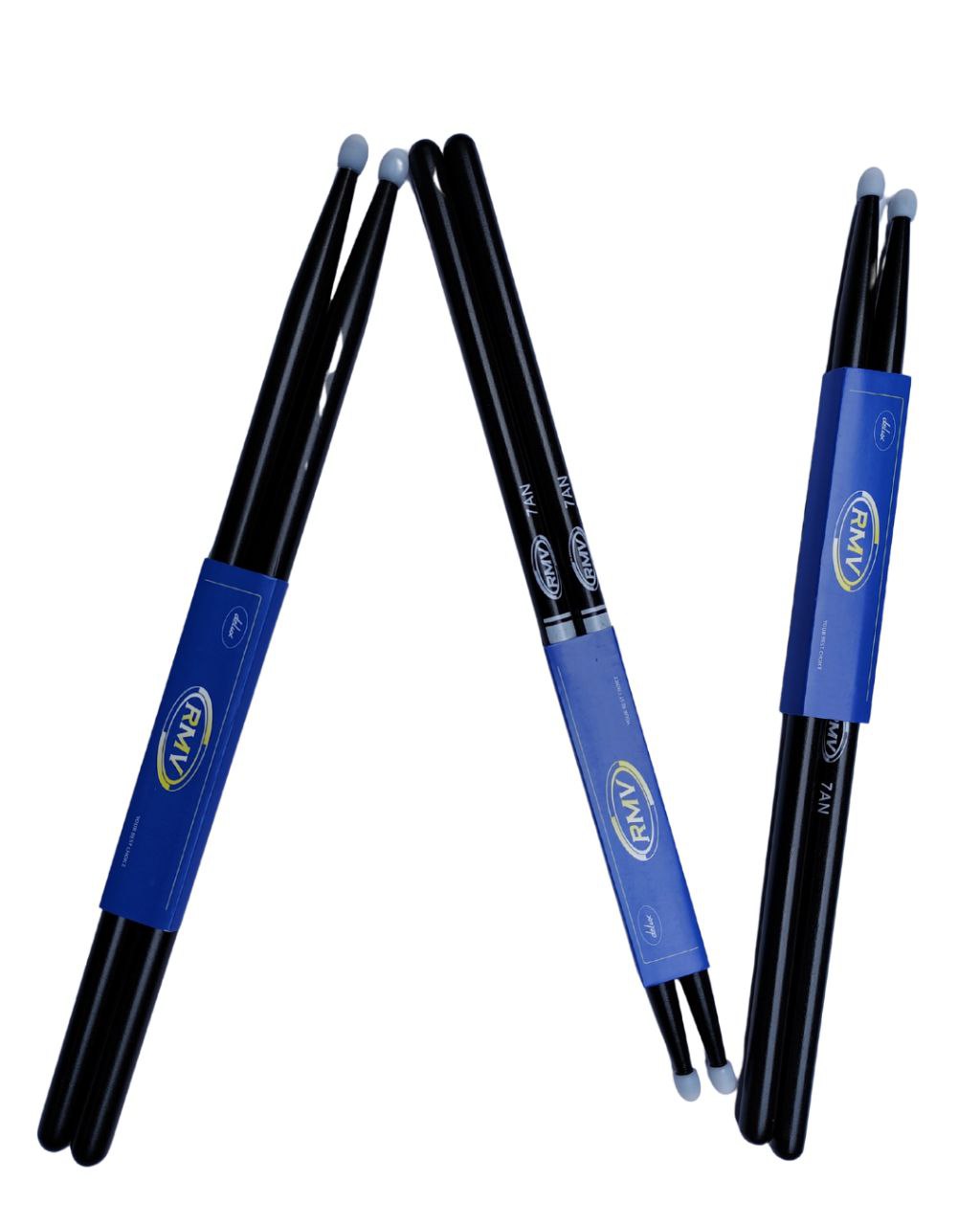 RMV par de Baquetas para Batería 7AN, Punta de Nylon, Negro, Profesionales drumsticks black baqueta Equilibrada, comodas, acabado antiderrapante