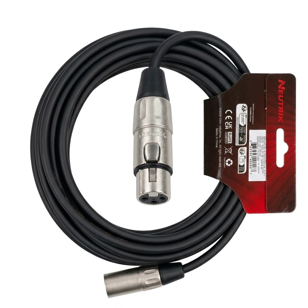 CABLE NEGRO MARCA KIRLIN LISO PARA MICROFONO. CANON MACHO A CANON HEMBRA, CONECTORES PLATEADOS 6 METROS