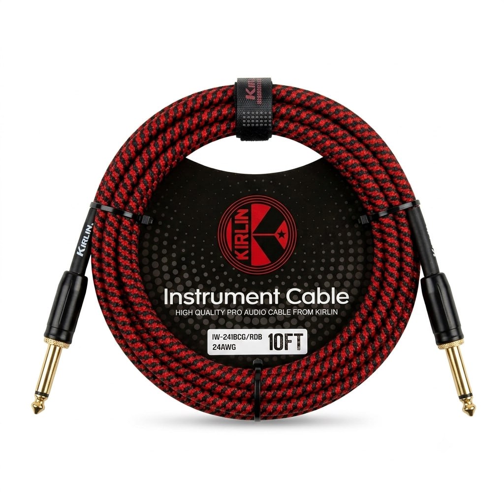 CABLE ROJO MARCA KIRLIN TEJIDO EN MALLA FLEXIBLE DE 3 METROS PARA INSTRUMENTO, CONECTORES METALICOS DE 1/4