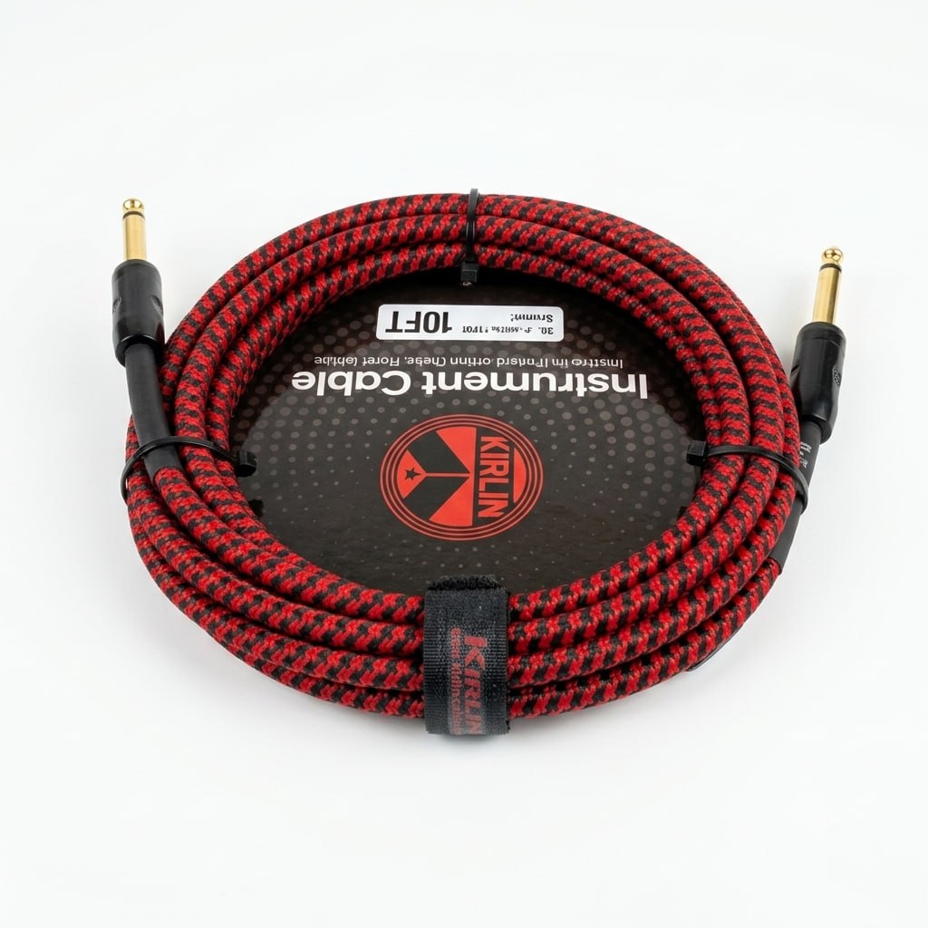 CABLE ROJO MARCA KIRLIN TEJIDO EN MALLA FLEXIBLE DE 3 METROS PARA INSTRUMENTO, CONECTORES METALICOS DE 1/4