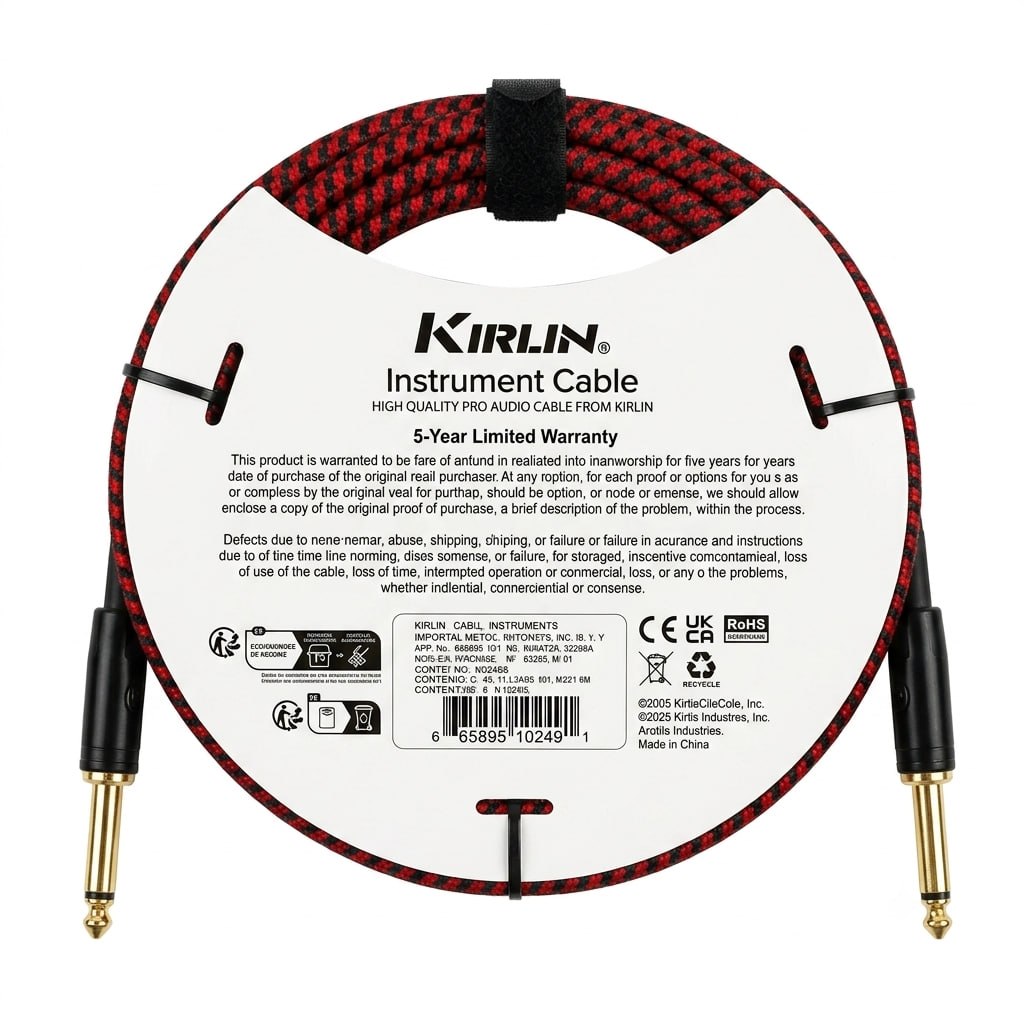 CABLE ROJO MARCA KIRLIN TEJIDO EN MALLA FLEXIBLE DE 3 METROS PARA INSTRUMENTO, CONECTORES METALICOS DE 1/4