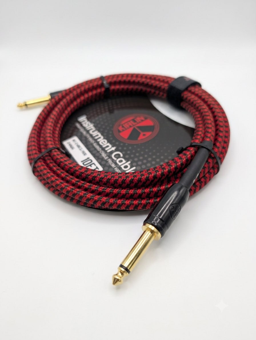 CABLE ROJO MARCA KIRLIN TEJIDO EN MALLA FLEXIBLE DE 3 METROS PARA INSTRUMENTO, CONECTORES METALICOS DE 1/4