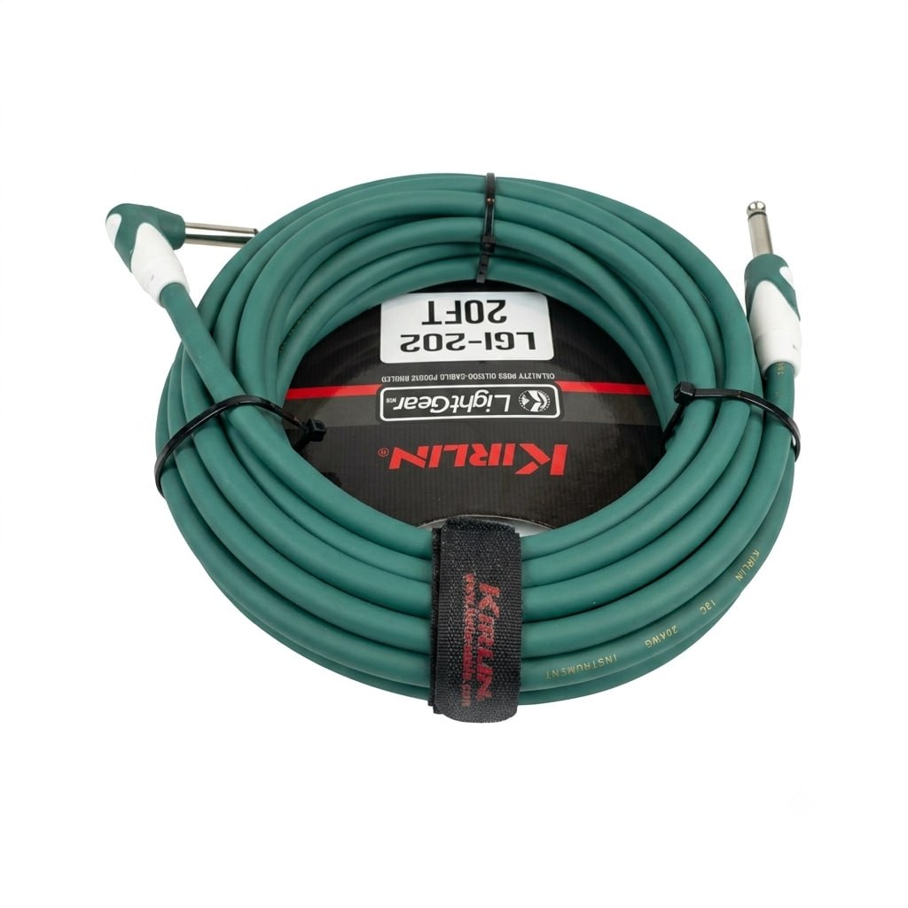CABLE VERDE MARCA KIRLIN LISO FLEXIBLE DE 6 METROS PARA INSTRUMENTO, CONECTORES RECTO Y EN ANGULO DE 1/4 LIBRE DE OXIGENO