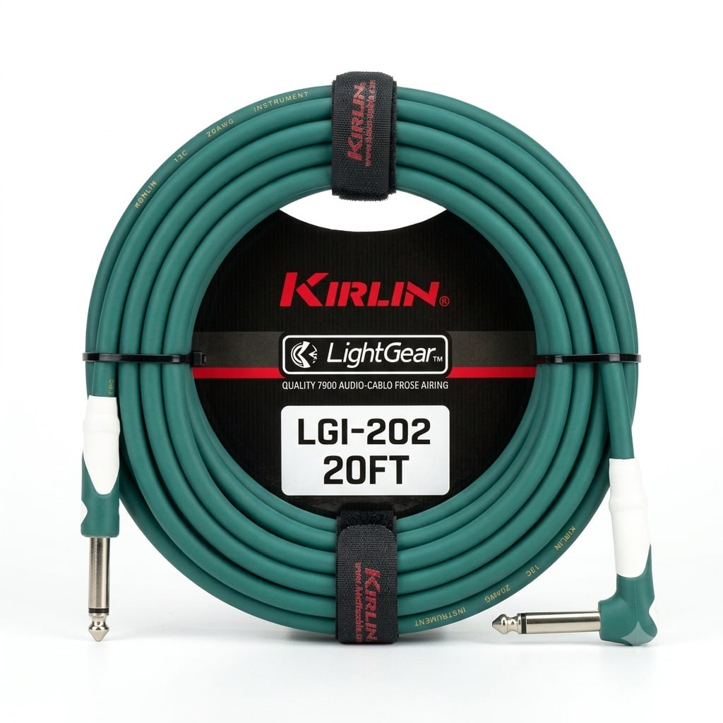 CABLE VERDE MARCA KIRLIN LISO FLEXIBLE DE 6 METROS PARA INSTRUMENTO, CONECTORES RECTO Y EN ANGULO DE 1/4 LIBRE DE OXIGENO