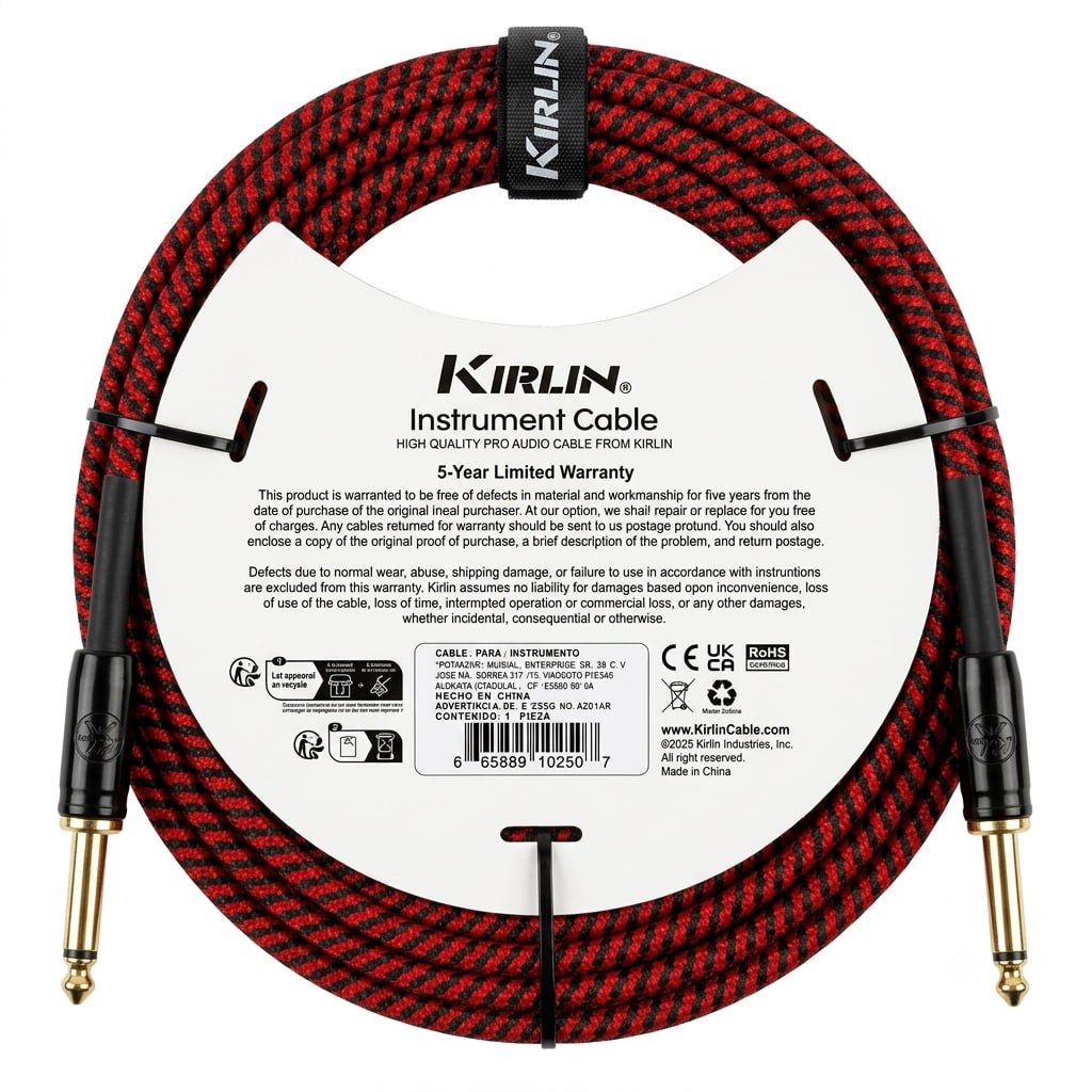 CABLE ROJO MARCA KIRLIN TEJIDO EN MALLA FLEXIBLE DE 6 METROS PARA INSTRUMENTO. CONECTORES METALICOS DE 1/4