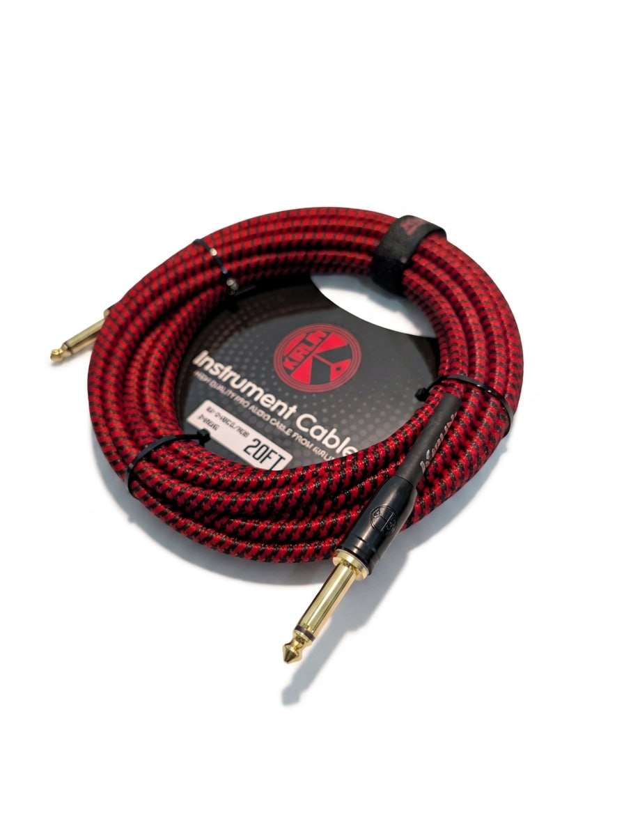 CABLE ROJO MARCA KIRLIN TEJIDO EN MALLA FLEXIBLE DE 6 METROS PARA INSTRUMENTO. CONECTORES METALICOS DE 1/4
