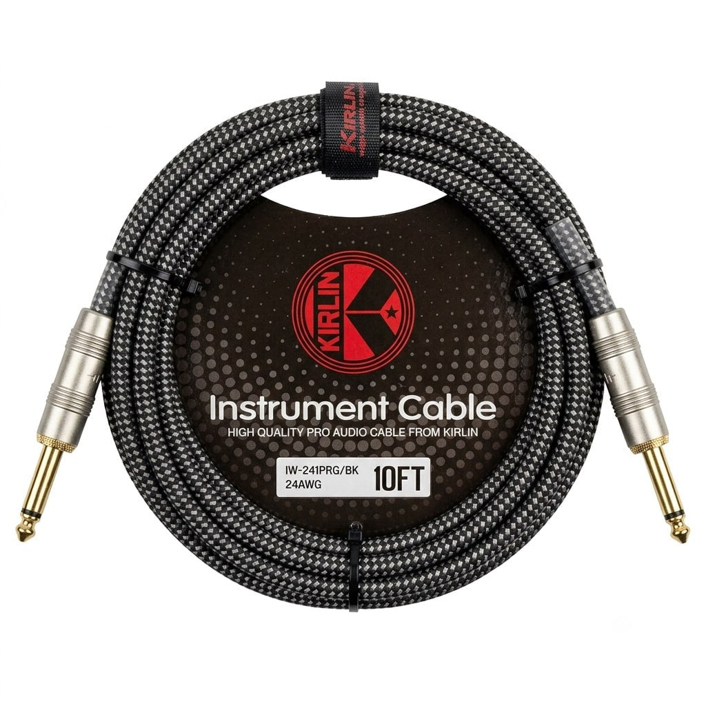 CABLE NEGRO MARCA KIRLIN TEJIDO EN MALLA FLEXIBLE DE 3 METROS PARA INSTRUMENTO, CONECTORES METALICOS DE 1/4