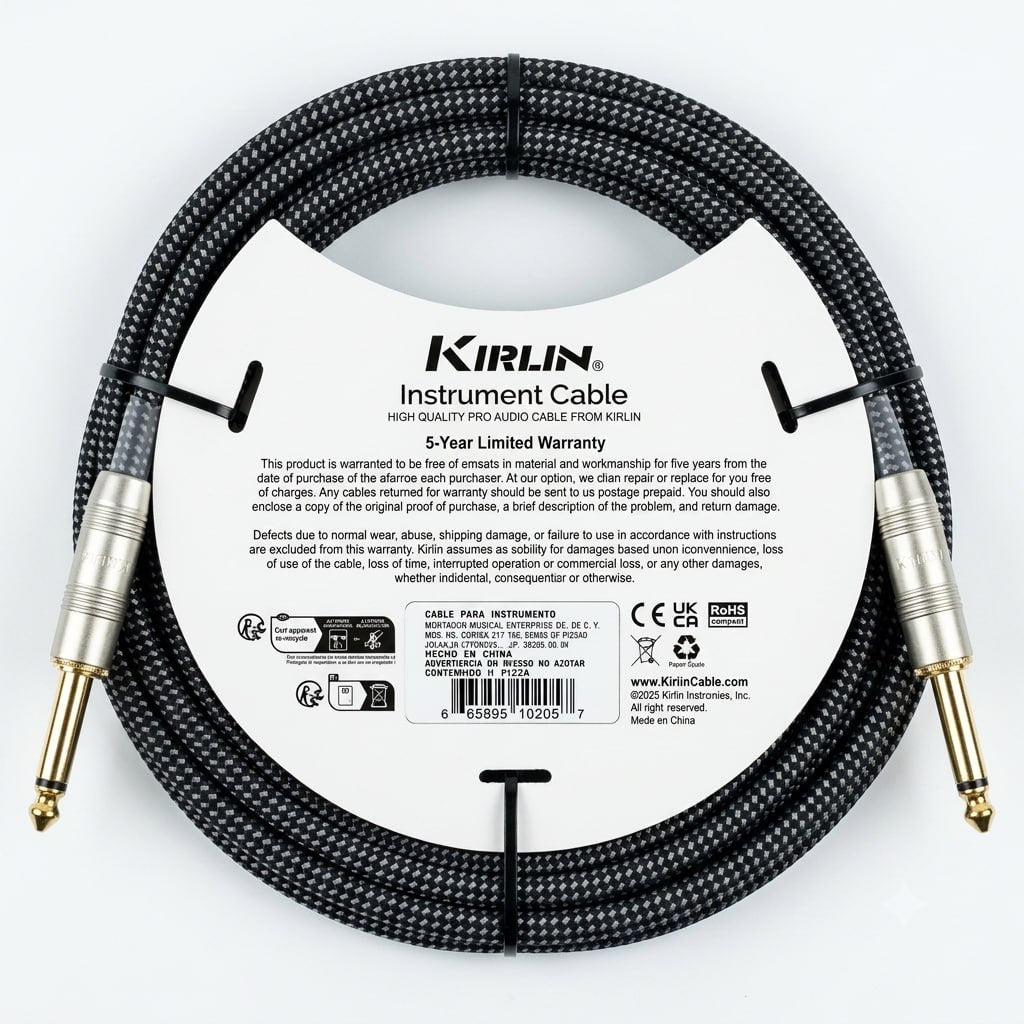 CABLE NEGRO MARCA KIRLIN TEJIDO EN MALLA FLEXIBLE DE 3 METROS PARA INSTRUMENTO, CONECTORES METALICOS DE 1/4