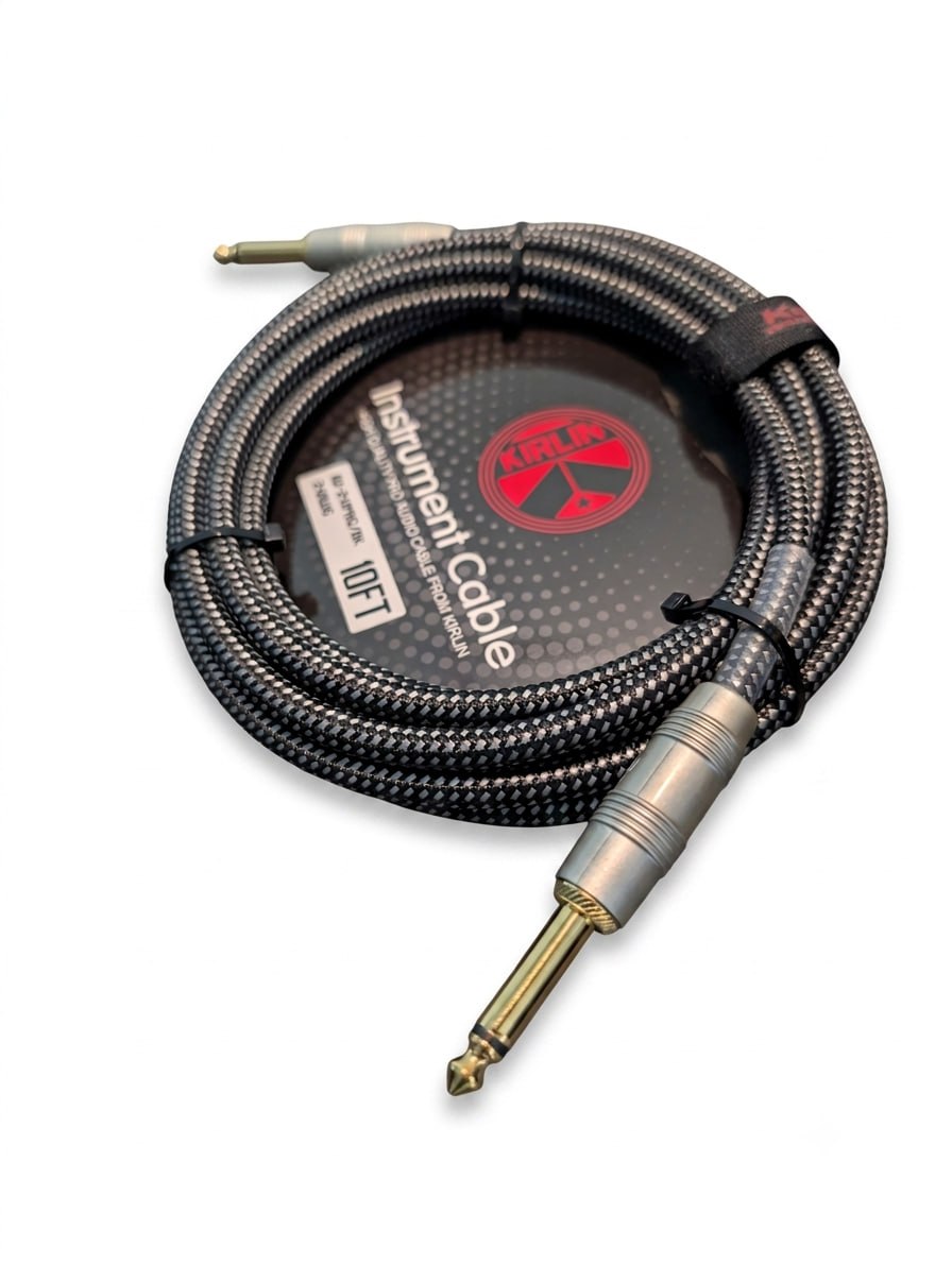 CABLE NEGRO MARCA KIRLIN TEJIDO EN MALLA FLEXIBLE DE 3 METROS PARA INSTRUMENTO, CONECTORES METALICOS DE 1/4