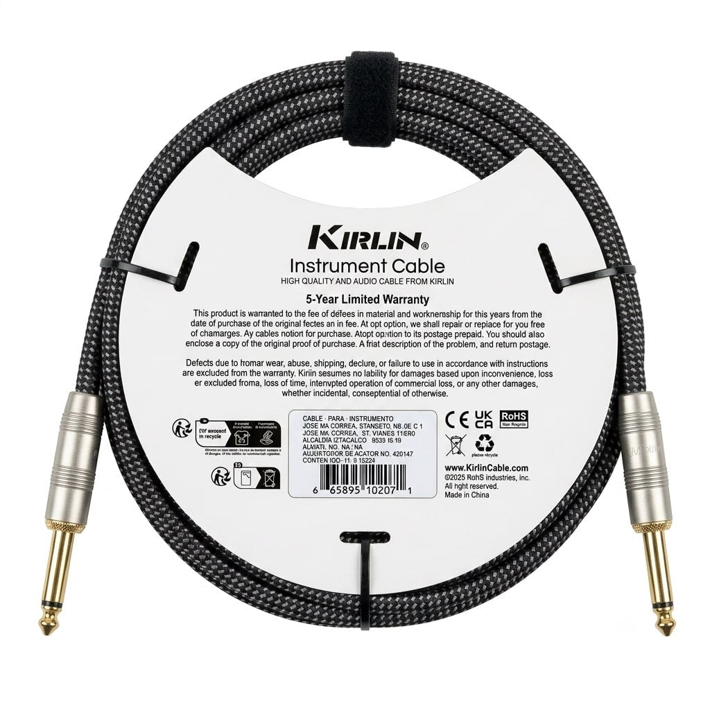 CABLE NEGRO MARCA KIRLIN TEJIDO EN MALLA FLEXIBLE DE 6 METROS PARA INSTRUMENTO, CONECTORES METALICOS DE 1/4